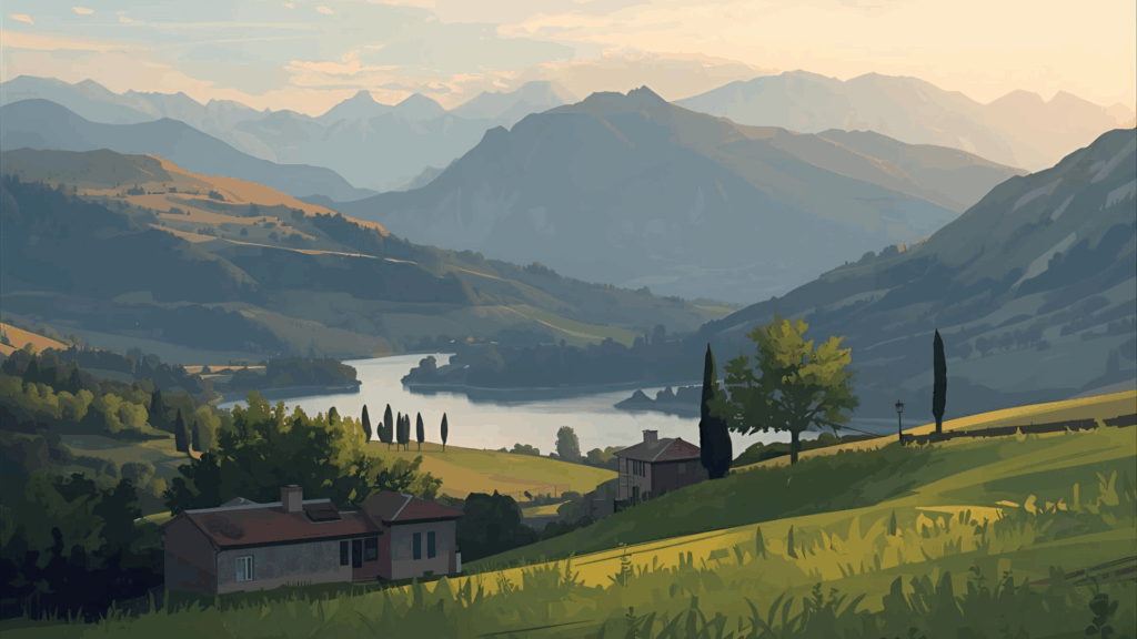 Italian countryside with view of the mountains and a lake under a fading sun